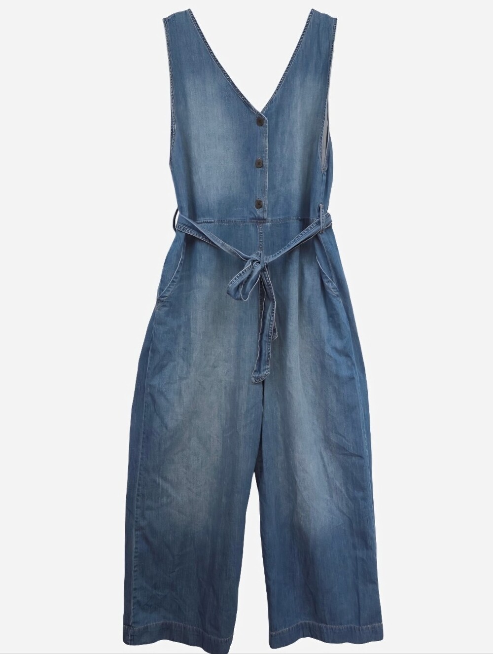Pendleton Chambray Denim Jumpsuit, Sleeveless V Neck Tie-Waist 100% Cotton, M